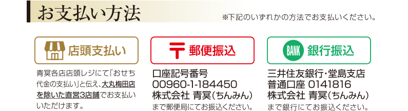 お支払い方法下記のいずれかの方法でお支払いください　店頭支払い/郵便振込/銀行振込